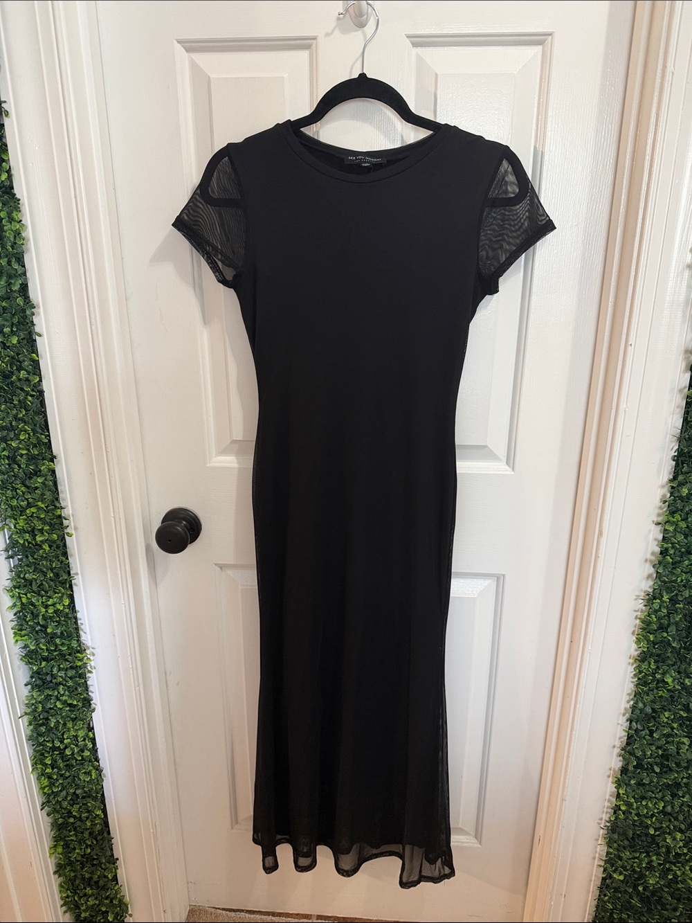 See You Monday Black Maxi Dress with Mesh Short Sleeves
